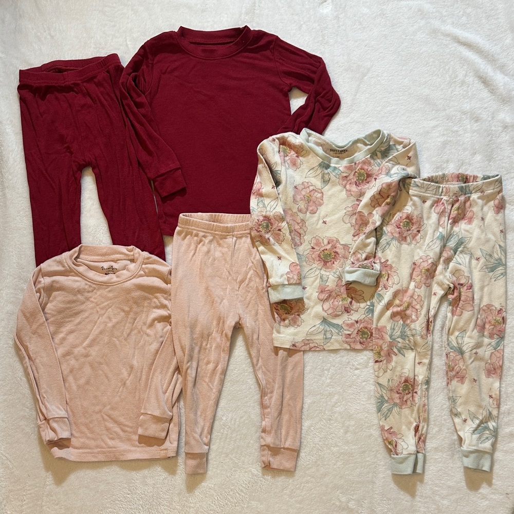 3 sets of children’s pajama sets red & pink solid & floral Burt’s bees